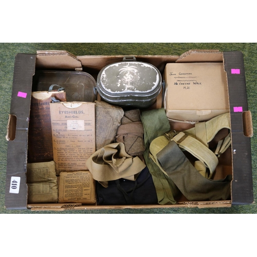 410 - Militaria collection to include Gas Mask with North African German Swastika insignia, Webbing equipm... 