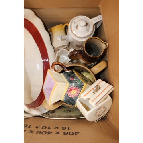 412 - Large box of assorted Ceramics to include Carlton ware Preserve pot, Midwinter Art Deco etc.