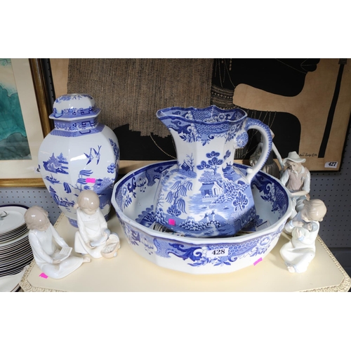 428 - Collection of assorted Blue & White Transfer printed ceramics to include Masons Jug and Bowl, Spanis... 