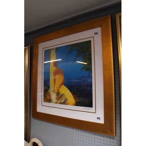 431 - Framed print of a woman in Mediterranean setting signed Bellet