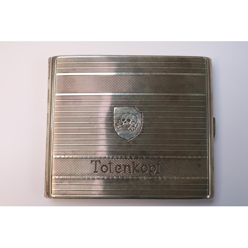 473 - Silver 835 Cigarette Case, Inscribed totenkopf and Kriegweihnachten 1943. 105g total weight