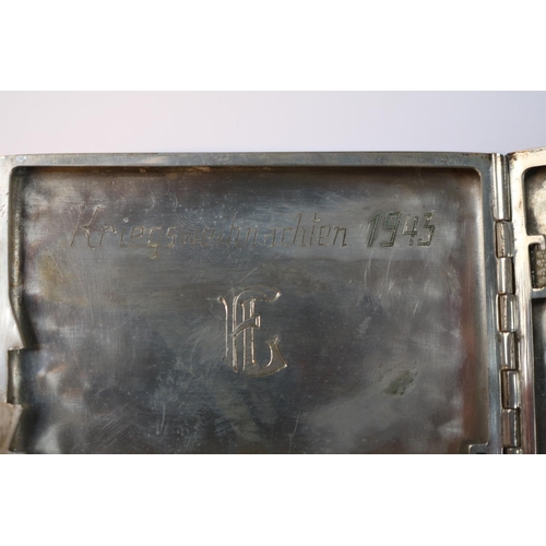 473 - Silver 835 Cigarette Case, Inscribed totenkopf and Kriegweihnachten 1943. 105g total weight