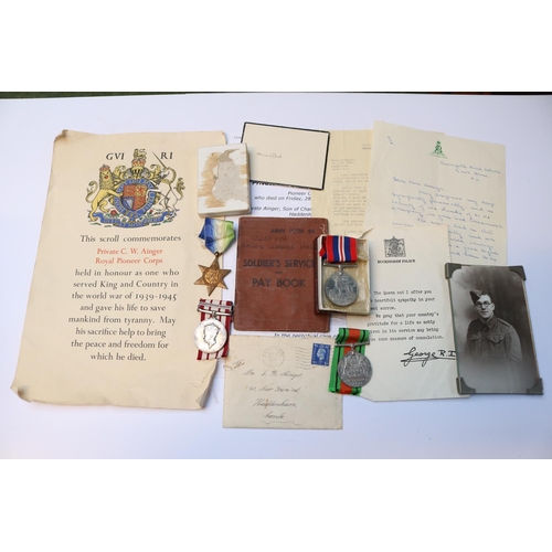 474 - Private Clarence William Ainger 13033740 Royal Pioneer Corps Collection of Medals and Documents to i... 