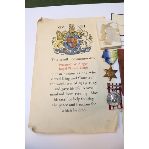 474 - Private Clarence William Ainger 13033740 Royal Pioneer Corps Collection of Medals and Documents to i... 