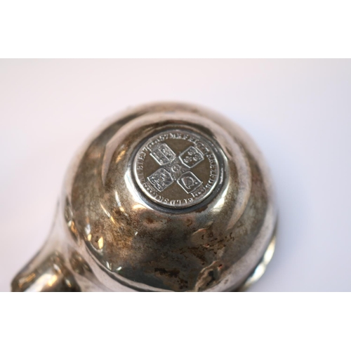 485 - Pair of Silver Squat Candlesticks, Silver Egg cup and a Sauce boat set with a George II 1757 Coin