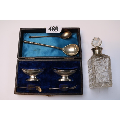 489 - Boxed Pair of Silver Salts with blue glass liners and Scallop shell spoons, Pressed glass silver top... 