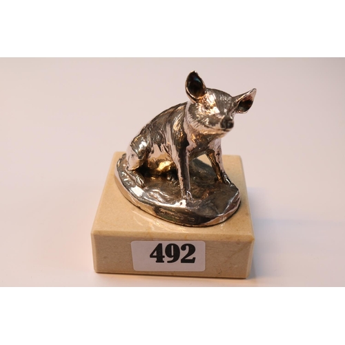 492 - Silver figure of a Pig Hallmarked supported on Marble base. 11cm in Height