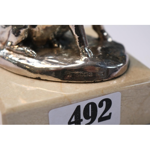 492 - Silver figure of a Pig Hallmarked supported on Marble base. 11cm in Height