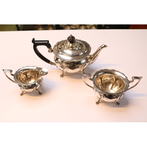 3 Piece Silver Tea set with Fluted body supported on paw feet Sheffield 1906 740g total weight