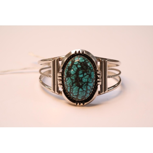 515 - Native American Silver Oval Turquoise set Bangle 36g total weight