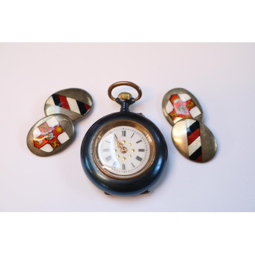 592 - Pair of Silver Crest enameled cufflinks and a Ladies pocket watch