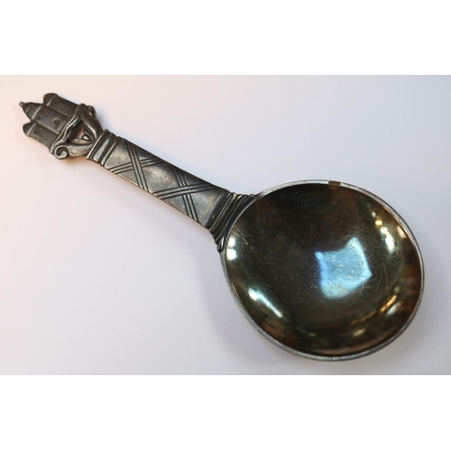 596 - Georg Jensen Silver Spoon with Castle decoration. 25g total weight