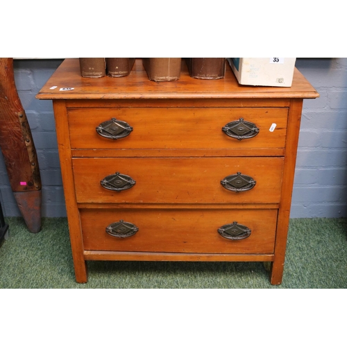 638 - Edwardian Satinwood Chest of 3 drawers with metal drop handles and straight supports