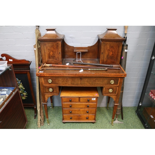 639 - Late 19thC Walnut Ladies writing desk with fold down panel, flanked by two Temple design cabinets wi... 