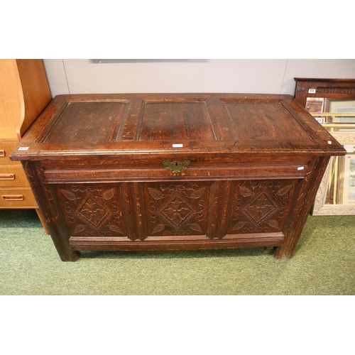 640D - Early 19thC Oak 3 Panel Coffer with carved frieze and Brass Escutcheon. 135cm in Length by 64cm in W... 