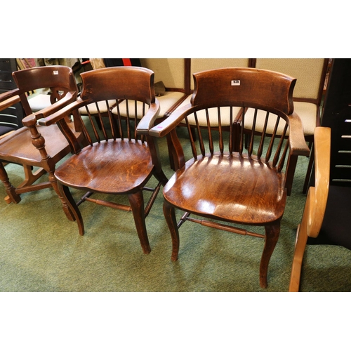 640F - Pair of 19thC Oak Elbow chairs Elbow chairs with stick back and carved shaped seats over shaped legs... 