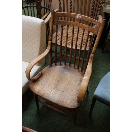 641 - Late 19thC Oak Country Elbow chair with Curved arms and stick back and turned legs