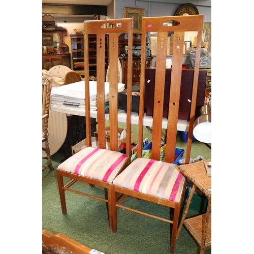 645 - Pair of Highbacked Oak Mackintosh Chairs with striped seats and straight stretchers