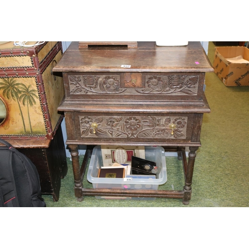 652 - 19thC Carved Oak bible box with drawer base over turned legs and straight supports