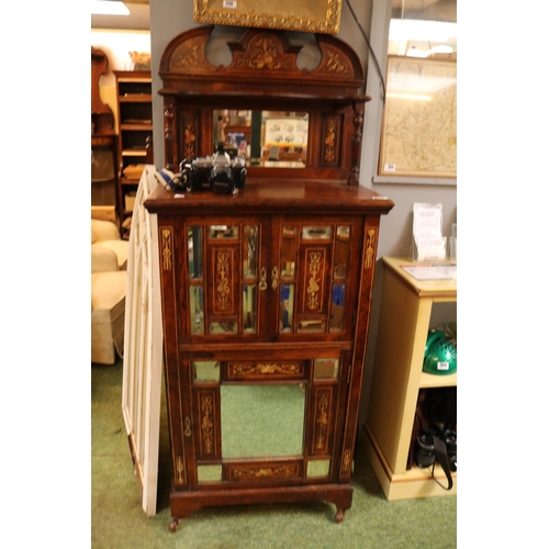 655 - Edwardian Rosewood Inlaid mirrored music cabinet on caster feet