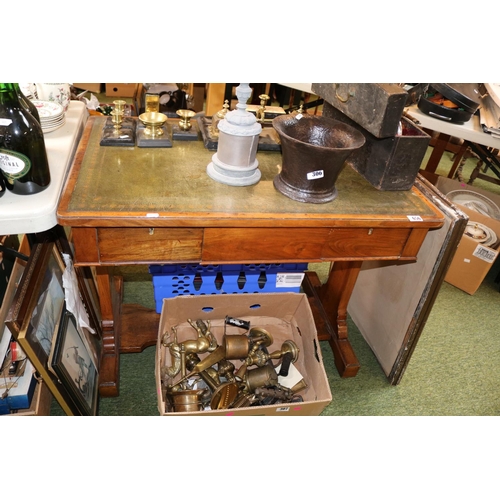 656 - Victorian Walnut Library table with single drawer and tooled green leather inlaid top