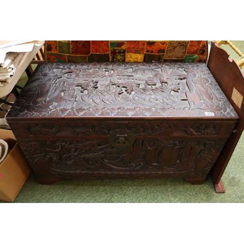 657 - Large Asian Carved Camphor wood Chest with Pagoda and figural decoration