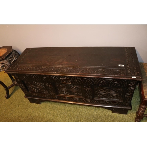 662 - 19thC Carved Oak coffer with carved detail WM 1619 over bracket feet