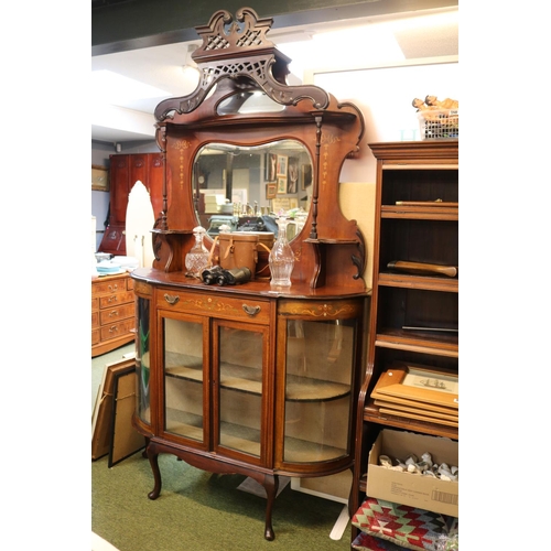 665 - 19thC Walnut Inlaid mirror backed Chiffonier with pierced and carved swan neck pediment over turned ... 