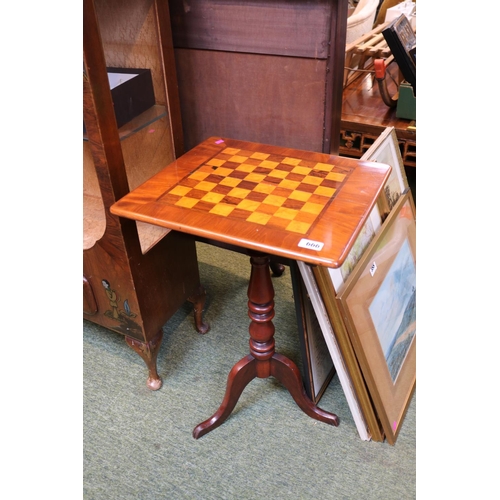 666 - 19thC Mahogany Chequered topped square games table on turned tripod base