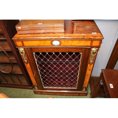 669 - Good quality Regency type Burr Walnut and Fruitwood cabinet with applied brass beading, inlaid porce... 