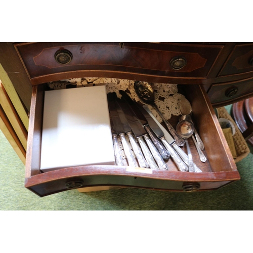 691 - Serpentine fronted Cutlery chest with circular drop handles and fluted legs and contents