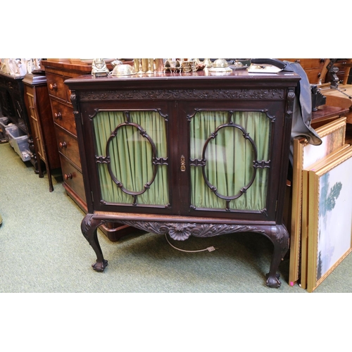 692 - 19thC Mahogany glazed corner cabinet with carved detail over ball and claw feet