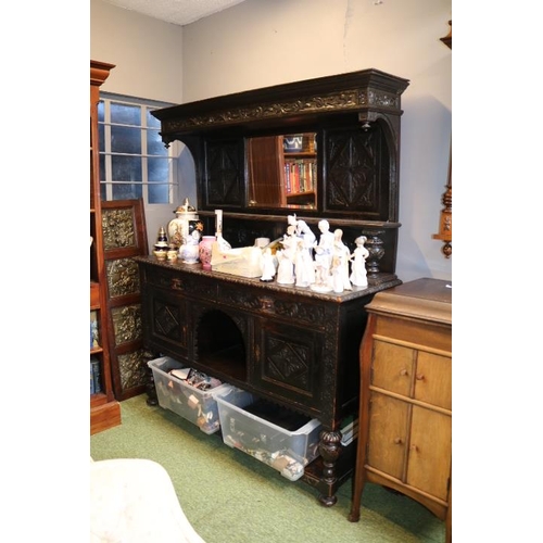 695 - 19thC Heavily Carved dresser with mirror back and turned carved supports