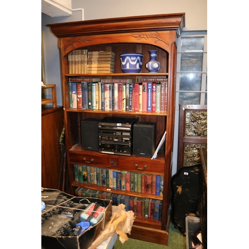 696 - 20thC Mahogany Bookcase with applied decoration and 2 drawers with brass drop handles