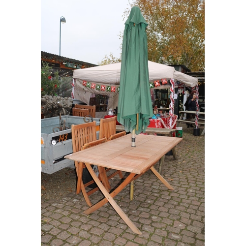 725 - Rectangular Teak Garden table with 2 chairs and a Umbrella