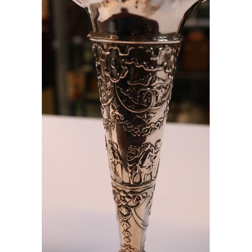 505 - Pair of Good Quality Silver embossed classical decorated flared posy vases London 1907 with weighted... 