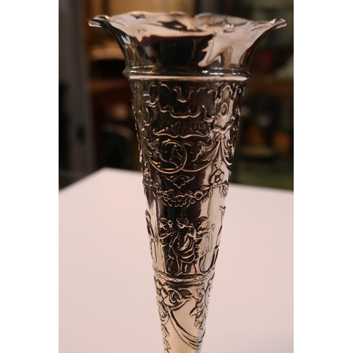 505 - Pair of Good Quality Silver embossed classical decorated flared posy vases London 1907 with weighted... 