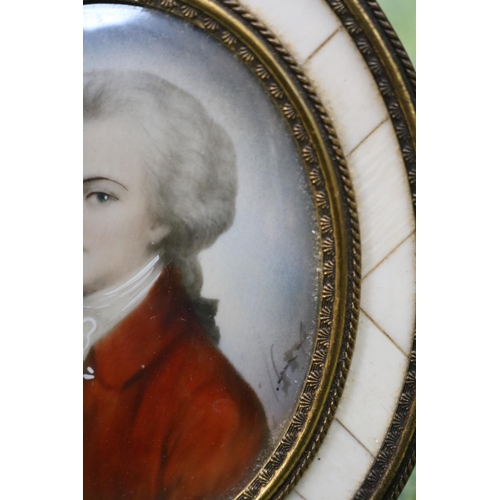 127 - Framed Oval Miniature Portrait of Wolfgang Amadeus Mozart in brass frame. 8cm in Height