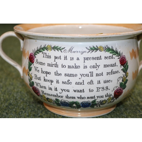 131 - Late 18thC Novelty 2 handled chamber pot 'Oh Dear Me. What Do I See, Keep me clean and use me well a... 