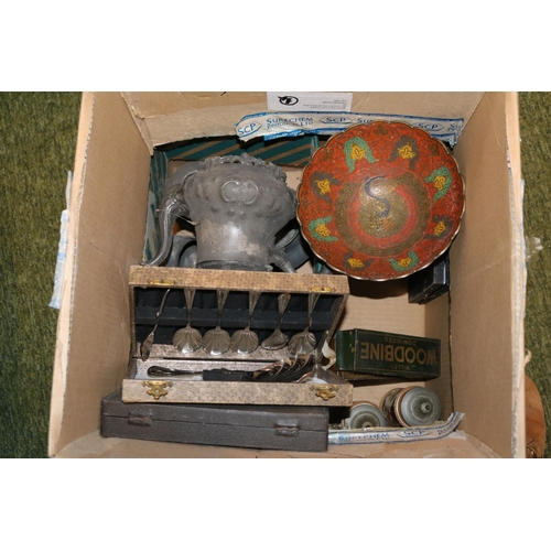 190 - Box of assorted Bygones to include Cutlery, Tong Tester etc