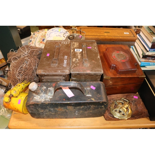 214 - 2 Metal Military ammo cases, 1950s Petrol Can, Fishing Throw Net, Edwardian writing slope and a Pete... 