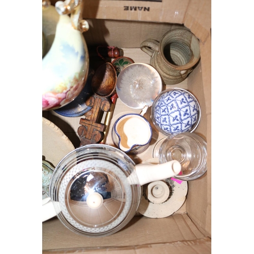 245 - Box of assorted Ceramics and glassware to include Pair of Edwardian Mantel Vases, Deco Teapot with c... 