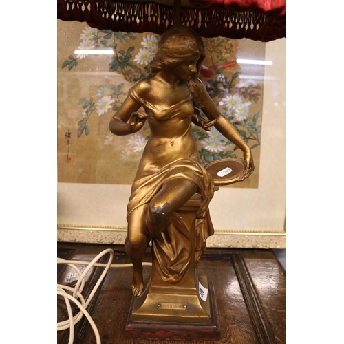 310 - 19thC Gilt Spelter figural Lamp base 'Jeunesse' with shade mounted on marble base