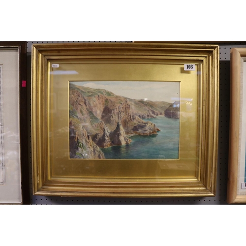 103 - Framed Watercolour of the Cornish Coastline signed Leslie dated 1912 in Gilt Gesso Frame