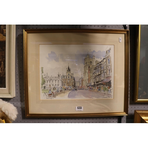 123 - Framed Print of Kings Parade Cambridge by Derek Abel dated 1984