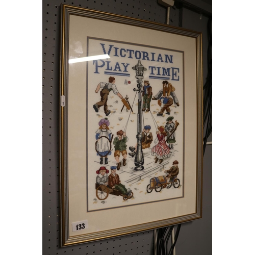 133 - Victorian Playtime embroidery framed and mounted