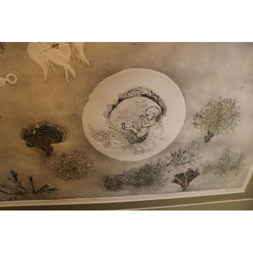 137 - Large Conceptual Engraving depicting a Foetus inside mountain scene and Lichens. Signed in Pencil