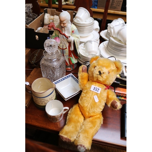 152 - Torquay Black Gang Jug, Cut Crystal Decanter, Chinese Figure and a Vintage Teddy