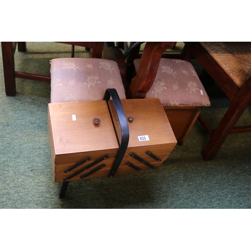 155 - Mid Century Cantilever sewing box and 2 Oak upholstered fireside boxes