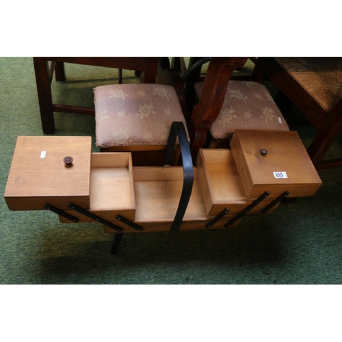 155 - Mid Century Cantilever sewing box and 2 Oak upholstered fireside boxes